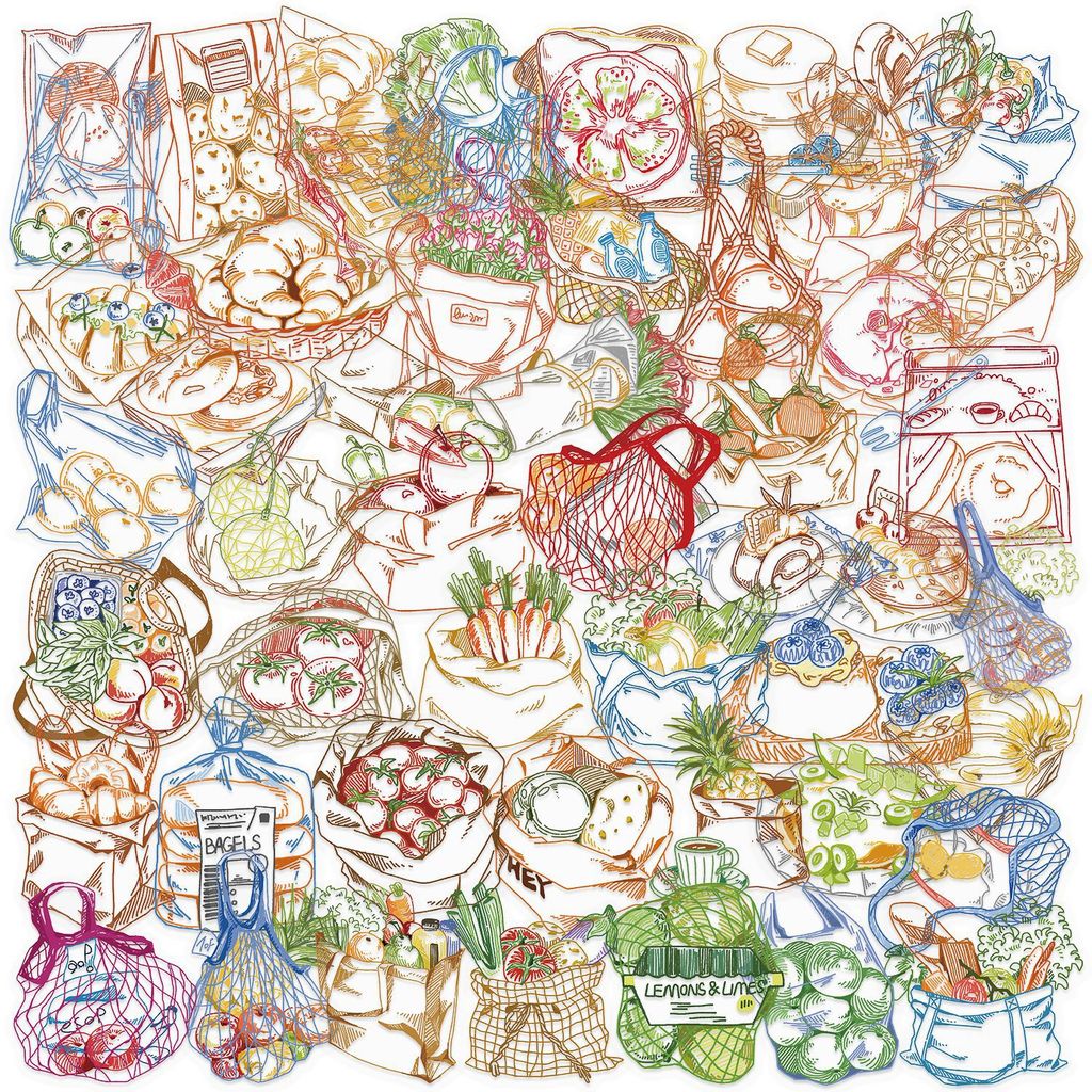 Food Snacks Drawing - 50 pegatinas impermeables de PET con